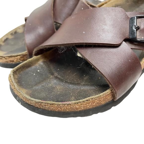 BIRKENSTOCK BIRKI'S Brown Genuine Leather Criss Cross Slides Sandals Shoes sz 6 - Picture 9 of 16